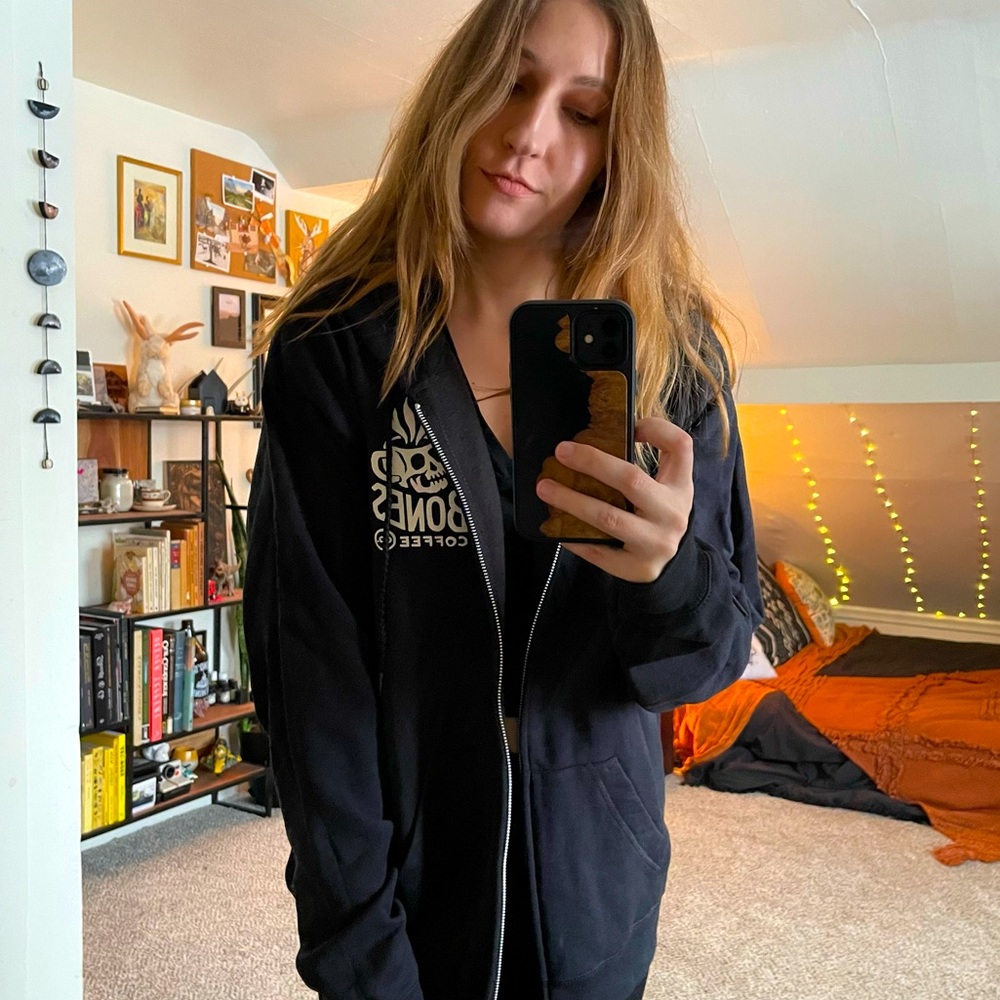 Bones Coffee Black Graphic Zipper Oversized Hoodie